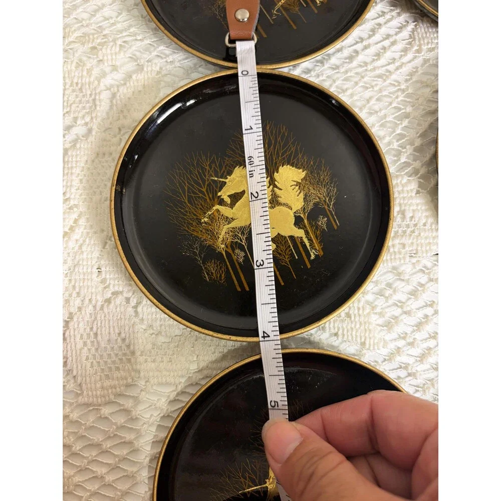 Vintage Otagiri Japan Black Gold Lacquer Unicorn Coaster Set with Lidded Box